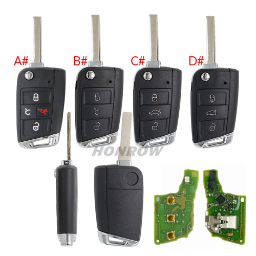 For VW Non-keyless MQB platform  3 button flip remote key  with ID48 chip-434mhz HU162T Blade OEM PCB+GTL key shell 