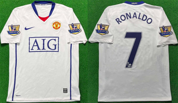 RONALDO #7 M Utd White Retro Jersey 2008/09 (Have Patch 带 07/08 CHAMPIONS 金 英超双臂章 FA Premier League Font 英超字体 )