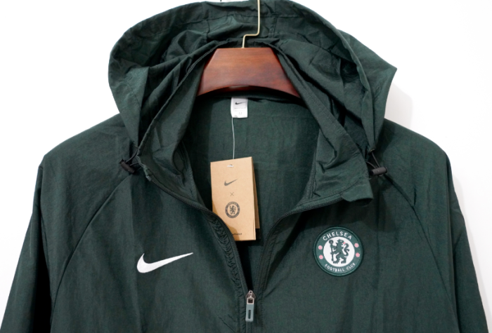 Chelsea FC 2025-2026 Nike Tech Woven Windrunner Jacket, Dark Green Waterproof Training Coat